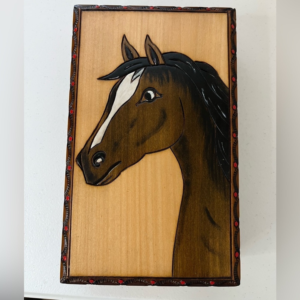 Wood Jewelry Trinket Box Horse Horseshoes Red Lined
